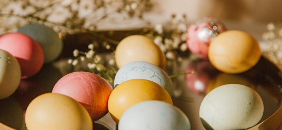 colored diy eggs on a tray